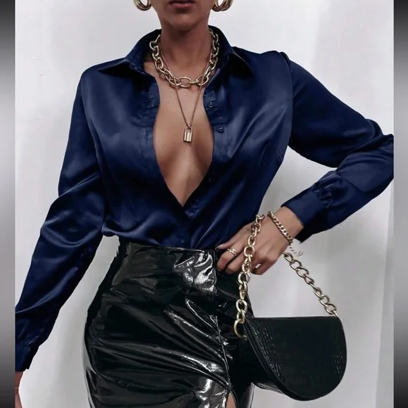 Luxe Stain Button Down Up Shirt Top Blouse Work Office Navy Blue - Picture 6 of 6